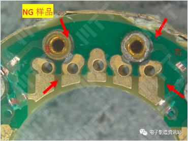 失效样品割线后左、右漏电位置